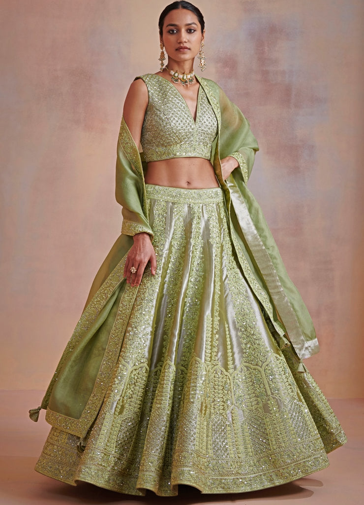 Wedding Function War Green Color Silk Embroidered Lehenga Choli