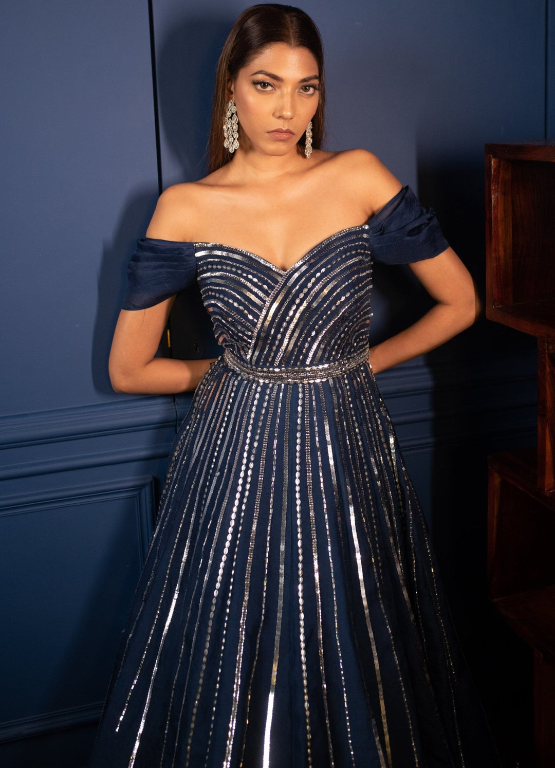 Midnight Blue Crystals and Sequins Off Shoulder Gown