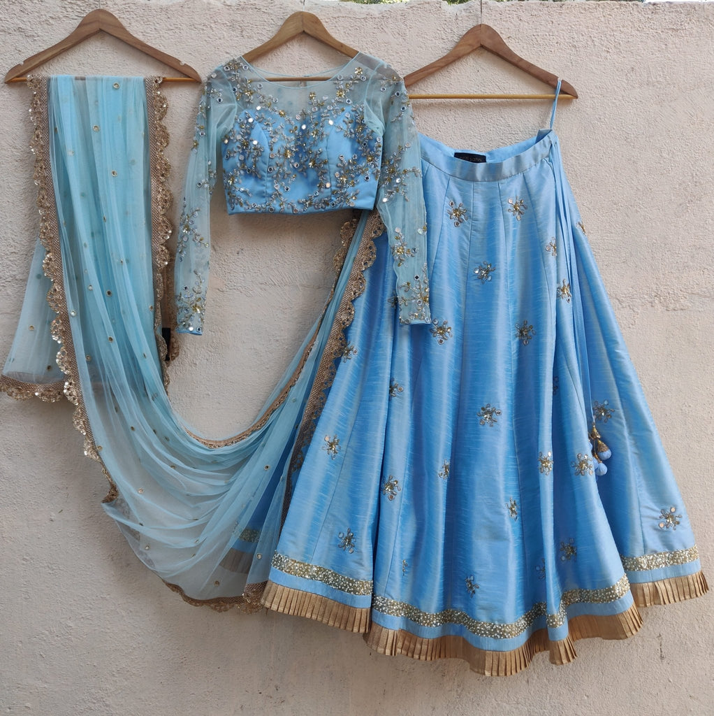 Periwinkle Blue and Gold Mirror Lehenga Set - Priti Sahni