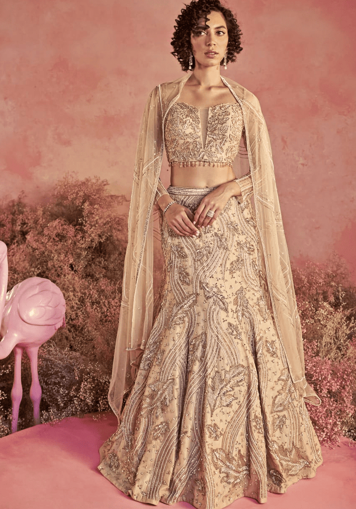 Buy Beige Mesh Embroidery Foliage Swirl Embellished Bridal Lehenga Set For  Women by PARUL GANDHI Online at Aza Fashions.