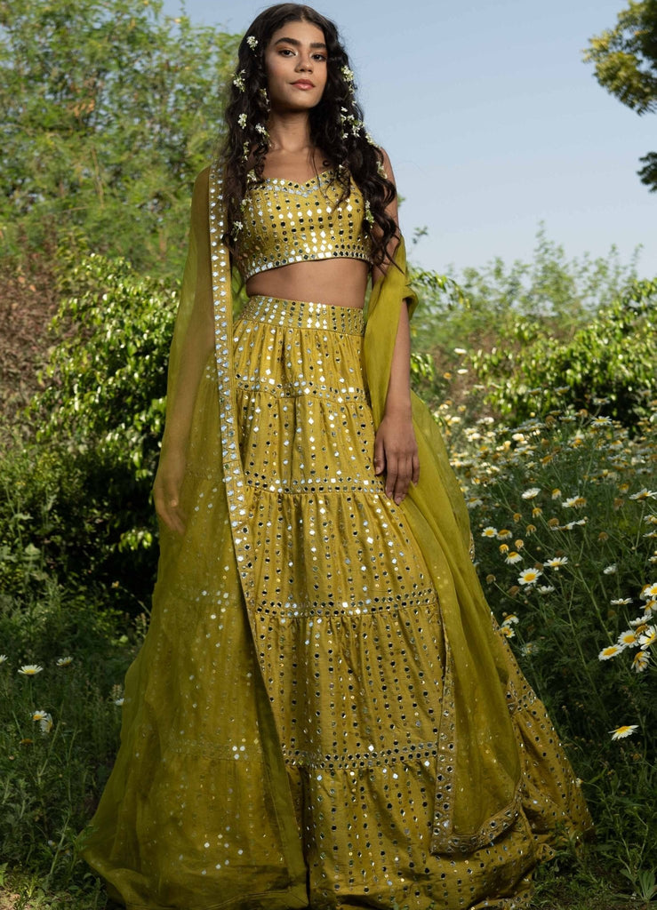 Silky Bindra Mirror Embellished Lehenga Set | Yellow, Mirror, Net, Scoop,  Sleeveless | Haldi outfits, Lehenga, Lehenga designs simple