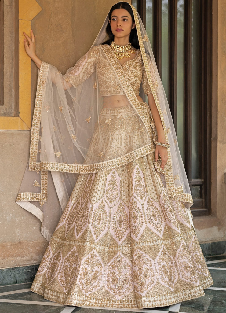 Buy Gold Net Lehenga with Pink Halter Neck Blouse and Dupatta Online – Pure  Elegance