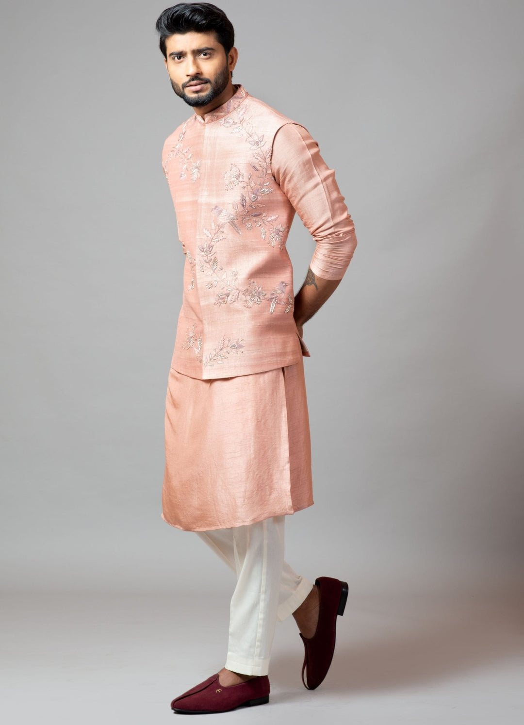 Peach Pink Nehru Jacket And Kurta Set With Hand Embroidery Smriti Fabilicious Fashion