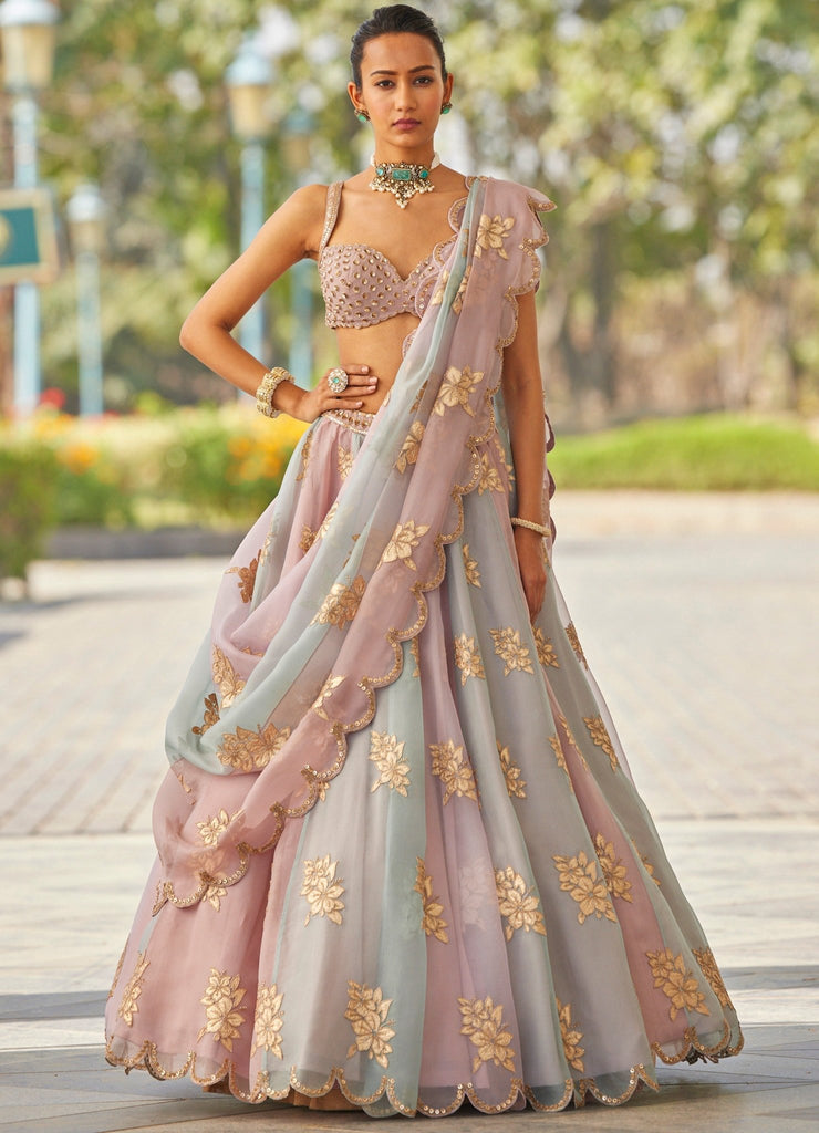 Pink and grey embroidered Lehenga choli with embellished dupatta