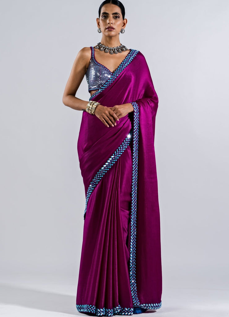 Dark Eggplant Wine Satin Silk Saree With Handmade Tassels On Pallu –  kreationbykj