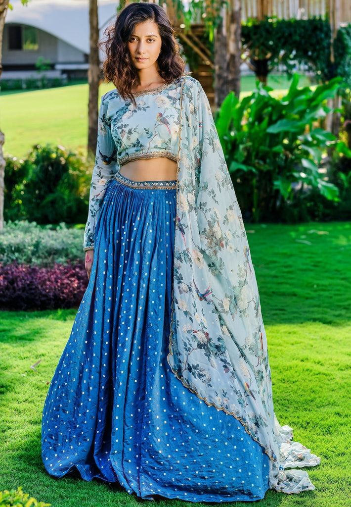 Shop Ombre Blue Mirror Work Chanderi Banarasi Lehenga Online in USA – Pure  Elegance