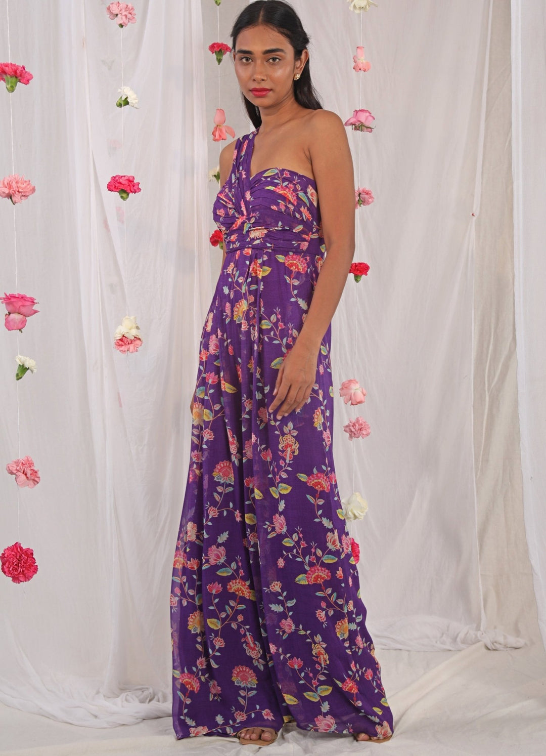 Purple Printed One Shoulder Jumpsuit