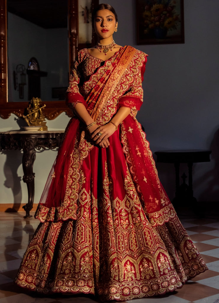 rajashri maroon double dupatta embroidered silk lehenga setlehengaangad singh