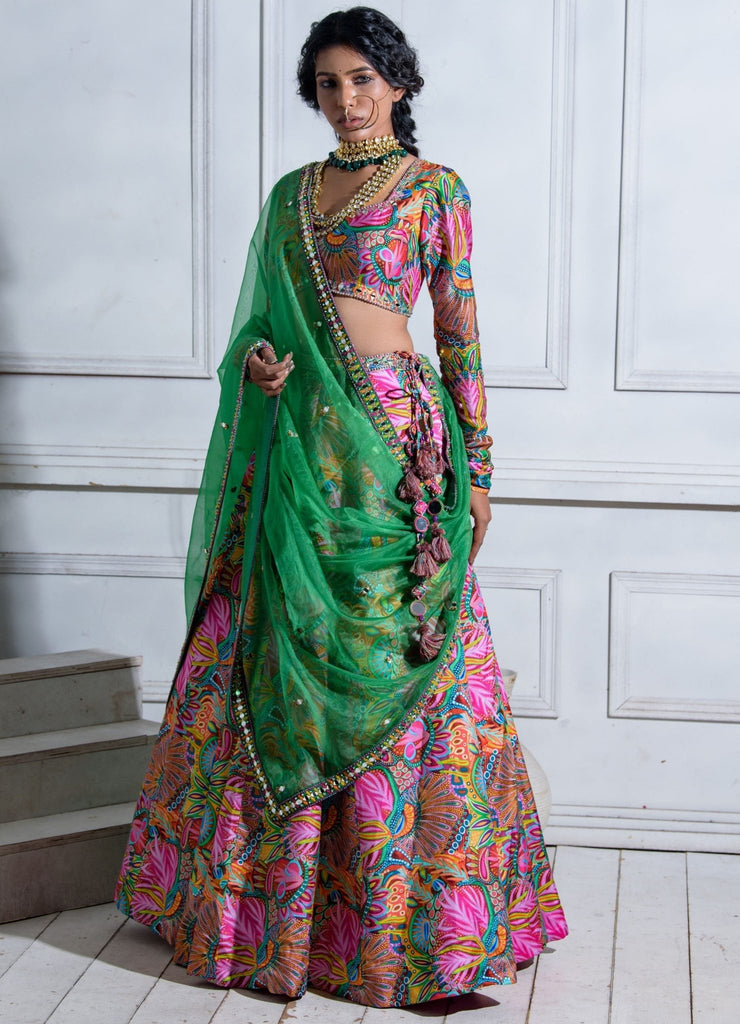 Green pink mahnaz lehenga set | Green pink fabric, Aza fashion, Types of  sleeves