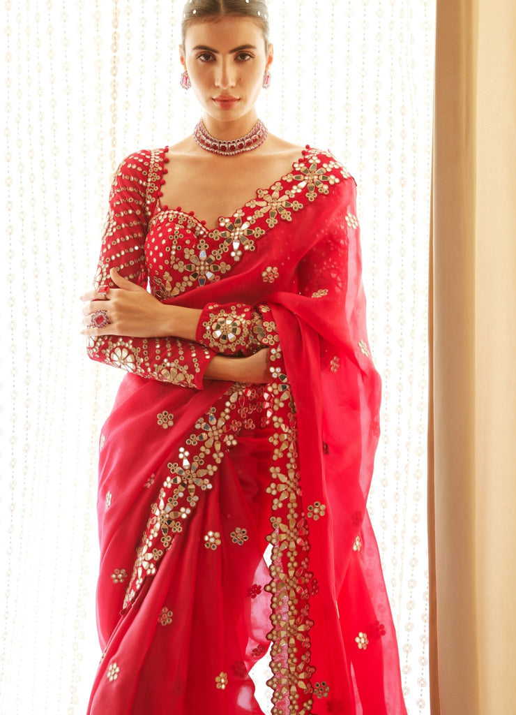 Regal Red Satin Organza Mirrorwork Saree With Full Sleeved Blouse - Vvani  by Vani Vats- Fabilicious Fashion