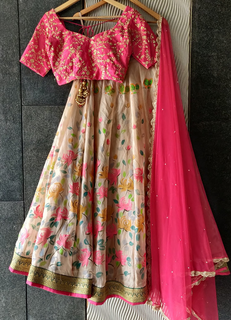 Floral Free Hand Painted Lehenga – Couture By Manju