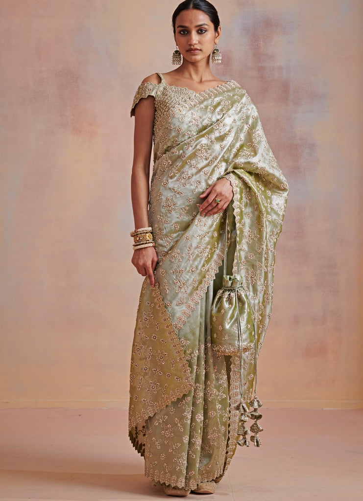 Buy Gold Tissue Saree With Stitched Blouse on Demand, Designer Golden Tissue  Saree With Broad Border Online in India - Etsy