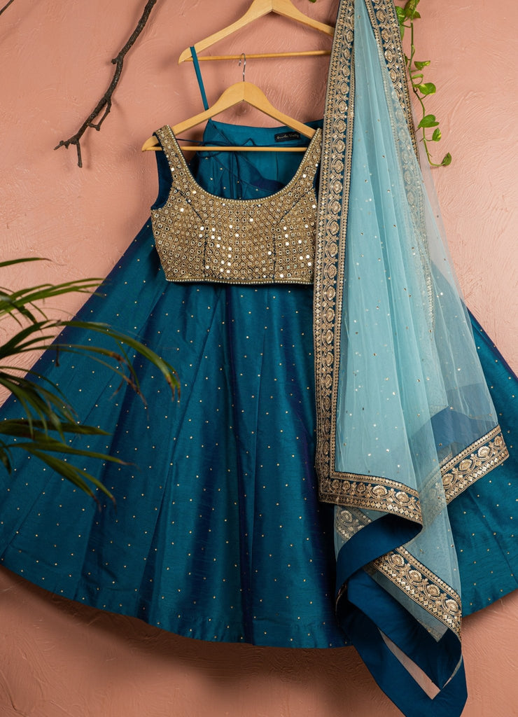 Blue Silk Lehenga with Striped Red & Gold Blouse - Frontier Heritage