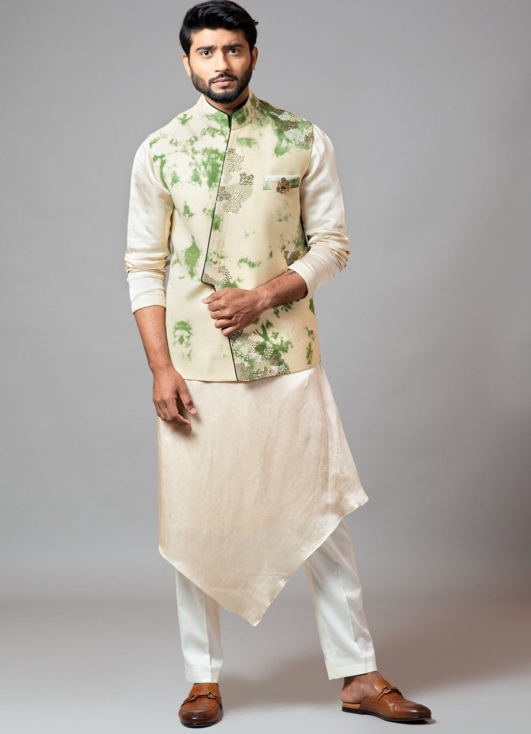 Tie Dye Green Nehru Jacket With Drape Kurta And Pant Pajama Smriti Fabilicious Fashion