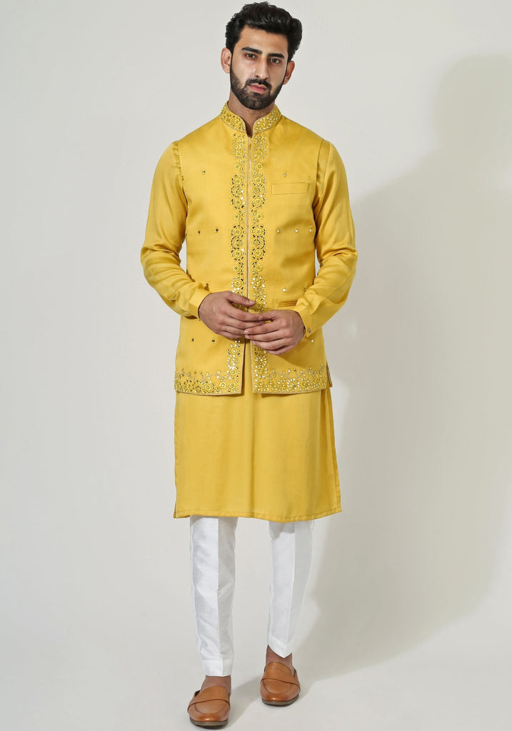 Buy Marigold Yellow Shankh Motif Jacket Online in the USA @Manyavar - Nehru  Jacket for Men