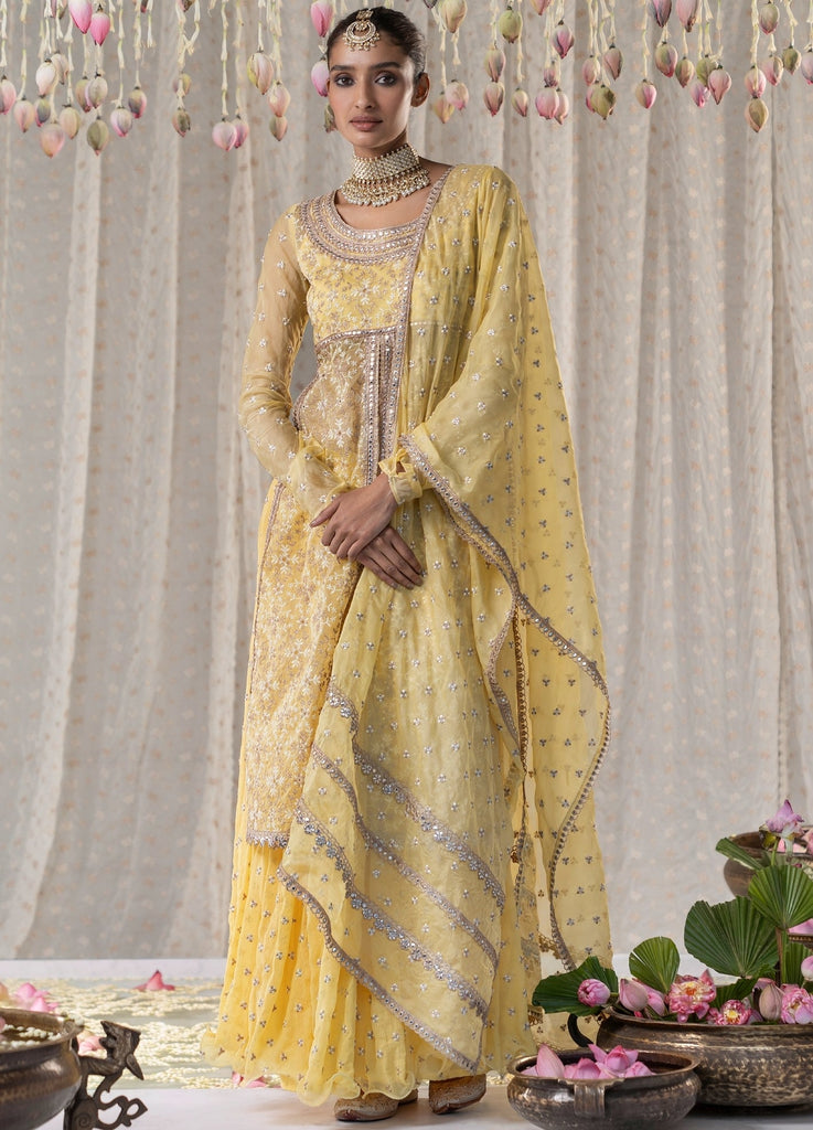 yellow front slit organza kurta with lehenga skirt and dupattafusionmulmul