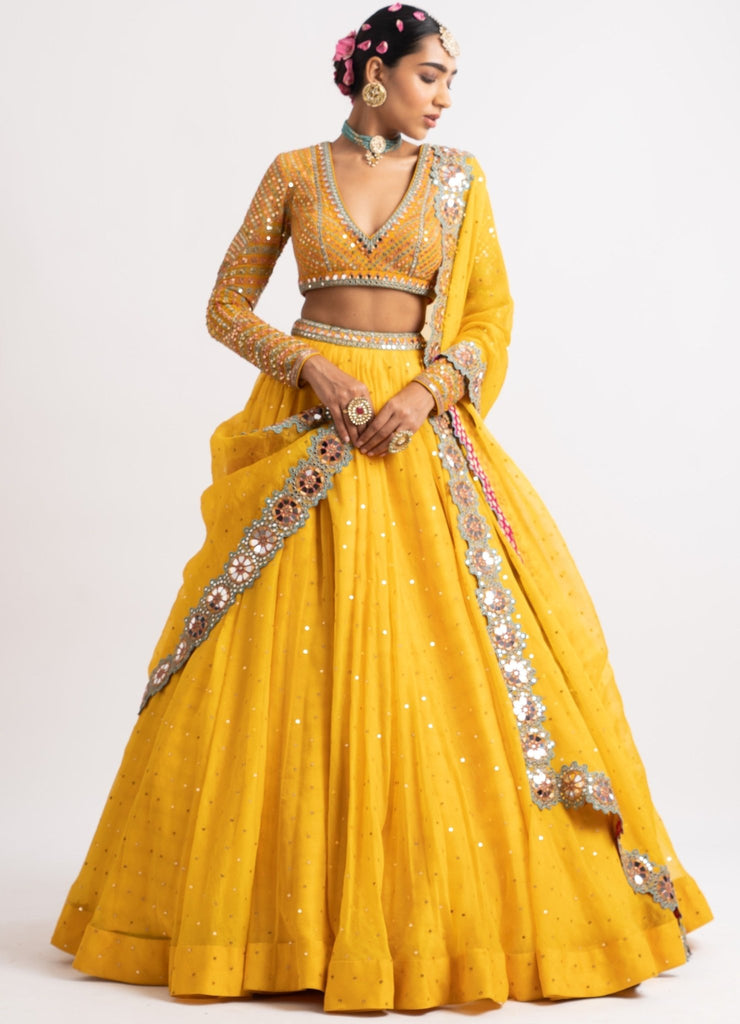 Buy Hot Pink Choli with Yellow Organza Lehenga by FAYON KIDS at Ogaan  Market Online Shopping Site